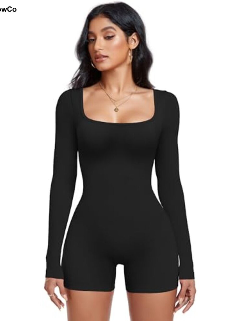 Womens Ribbed Knit Long Sleeve Jumpsuit Square Neck Seamless Yoga Romper Bodycon